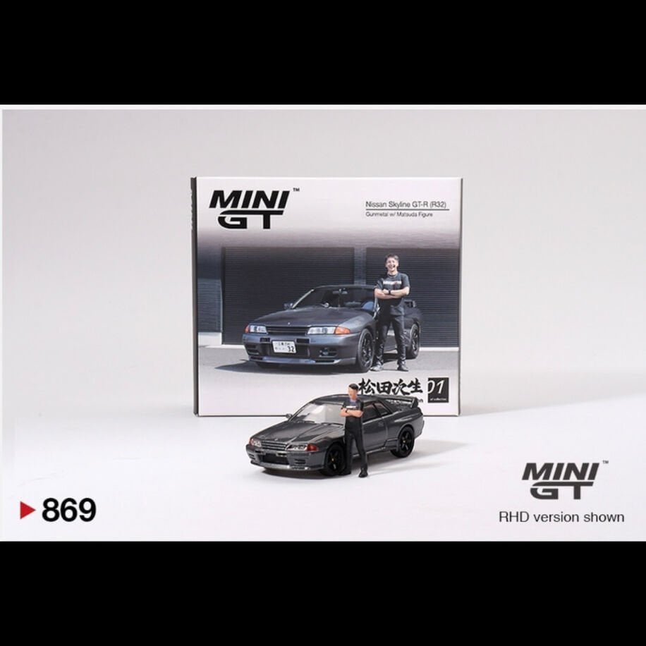 Mini Gt 869-Nissan Skyline GT-R (R32) Gunmetal W/ Matsuda Figure Tsugio Matsuda Collection